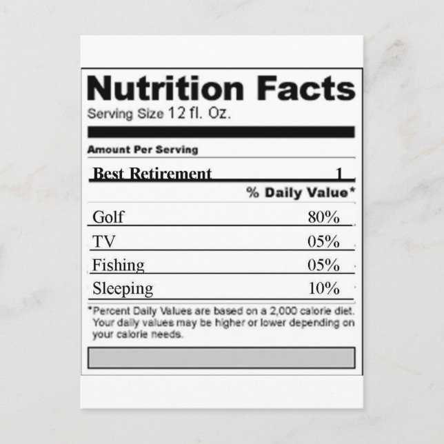Carte Postale Étiquette nutritionnel amusant de la retraite (Devant)