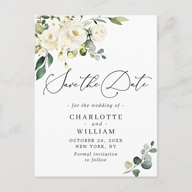 Carte Postale Eucalyptus Blanc Roses Mariage Enregistrer la date (Devant)