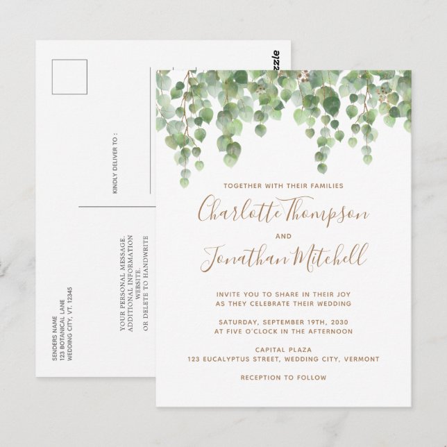 Carte Postale Eucalyptus Faire-part de mariage Or (Devant / Derrière)
