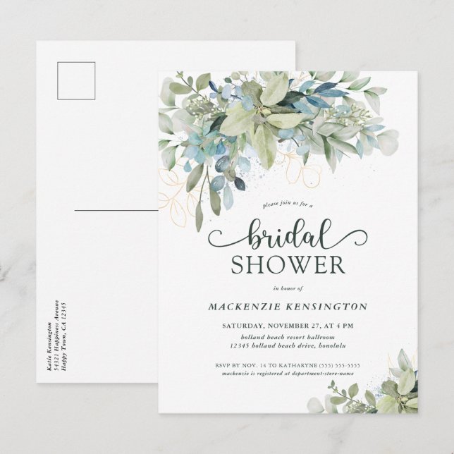 Carte Postale Eucalyptus Joli Script Bridal Douche Invitation (Devant / Derrière)