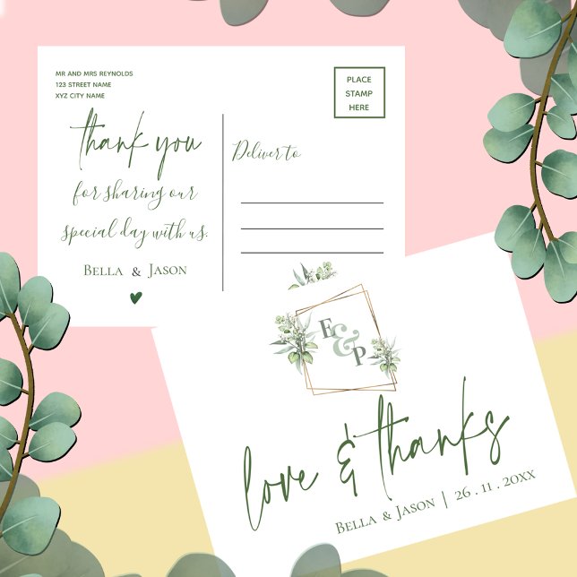 Carte Postale Eucalyptus Love Merci Merci Mariage vert (Eucalyptus Love Thanks Greenery Wedding Thank You Postcard)