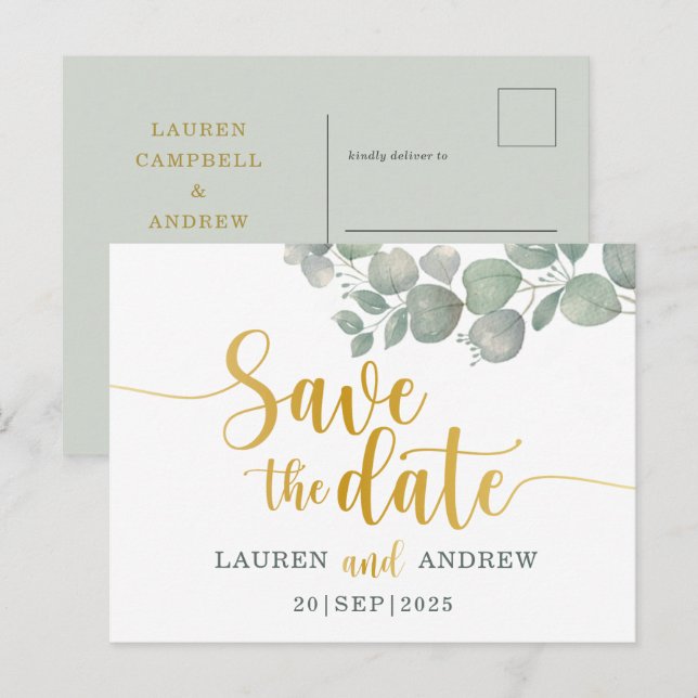 Carte Postale Eucalyptus rustique Green/Gold Wedding Enregistrer (Devant / Derrière)
