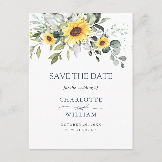 Carte Postale Eucalyptus Sunflower Wedding Enregistrer la date C (Devant)