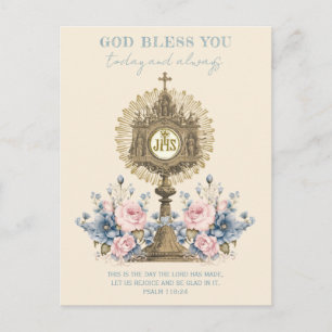 Carte Postale Eucharistie catholique Jésus Floral Bleu