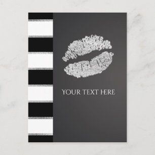 Carte Postale Événement Lèvres Brillant Faux Argent Rayure Noir