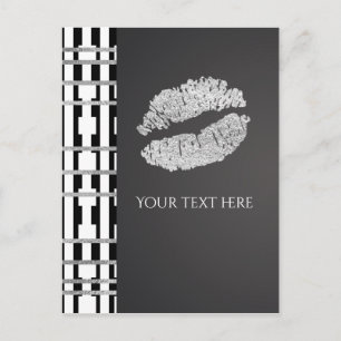 Carte Postale Événement Lèvres Noir Blanc & Faux Argent Pailleté