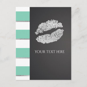 Carte Postale Événement Lèvres Vert Menthe & Blanc Faux Argent B