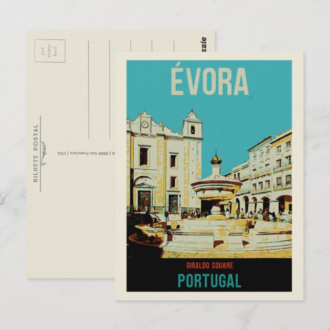 Carte Postale Evora Giraldo carré illustration Portugal (Devant / Derrière)