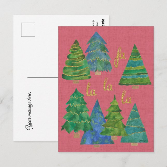 Carte Postale Fa La La Watercolor Christmas Card Golden Accents (Devant / Derrière)