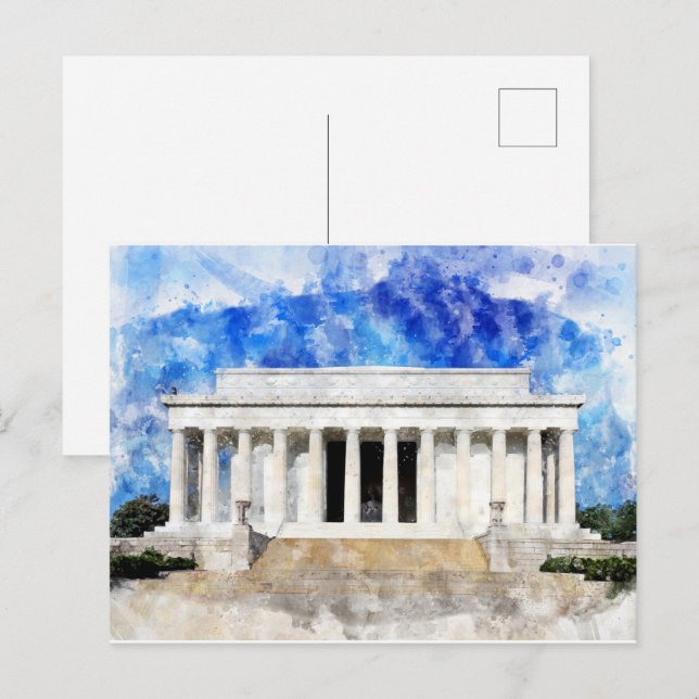 Carte Postale façade du Lincoln Memorial en aquarelle (Devant / Derrière)