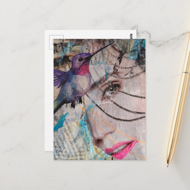 Carte Postale Face Random Words Hummingbird Mixed Media Collage (Devant/Arrière en situation)