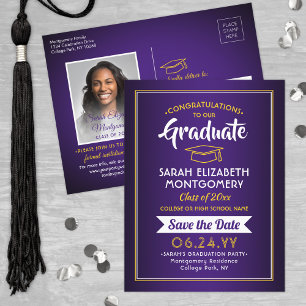 Carte Postale Faire-part 1 Photo Purple et Gold Graduation Enregistrer la d