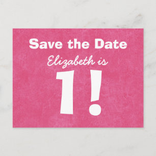 Carte Postale Faire-part 1er anniversaire Sauvez la date rose blanc pour la