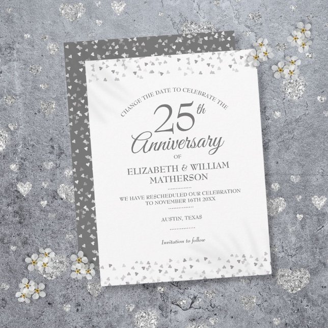 Carte Postale Faire-part 25e anniversaire Changer la date Coeurs d'argent (25th Anniversary Change the Date Silver Hearts Announcement Postcard)