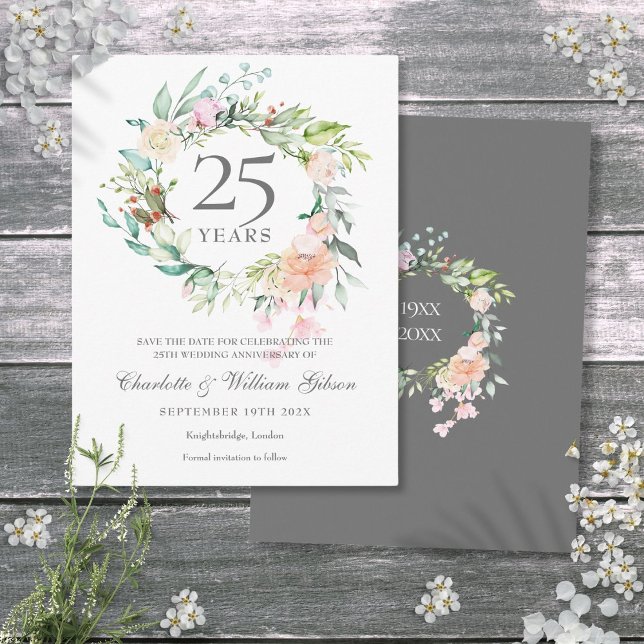 Carte Postale Faire-part 25e anniversaire Enregistrer la date Rose Garland (25th Anniversary Save the Date Roses Garland Announcement Postcard)