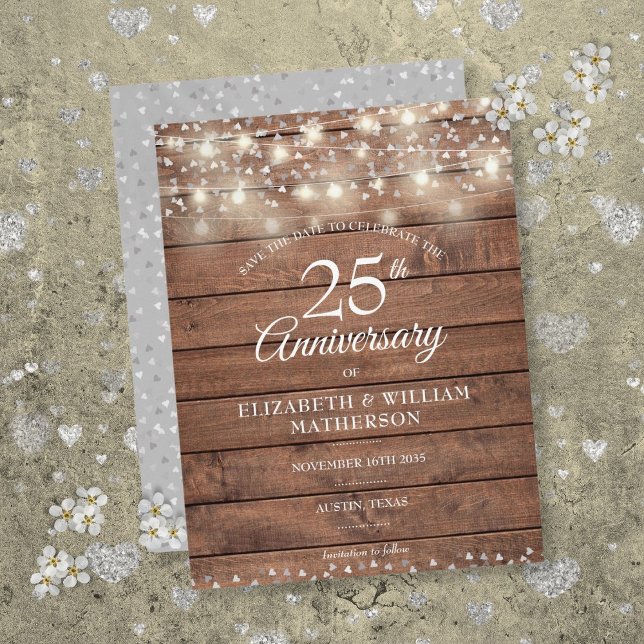 Carte Postale Faire-part 25e anniversaire String Lights Wood Enregistrer la (25th Anniversary String Lights Wood Save the Date Announcement Postcard)
