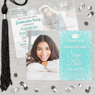 Carte Postale Faire-part 2 Diplôme photo Enregistrer la date Turquoise Faux