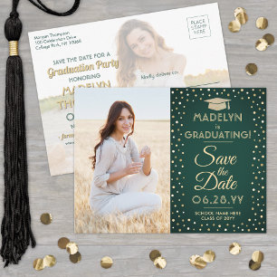 Carte Postale Faire-part 2 Graduation Photo Enregistrer la date Vert et Or