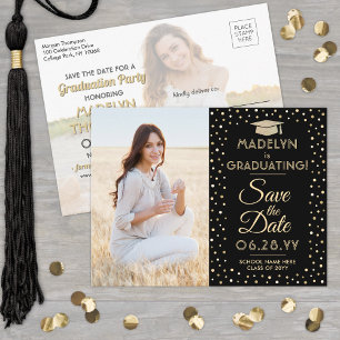 Carte Postale Faire-part 2 Photo Graduation Enregistrer la Date Noir et Or