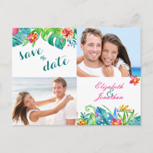 Carte Postale Faire-part 2 Photo Plage Tropicale Rose Turquoise Floral Ombr