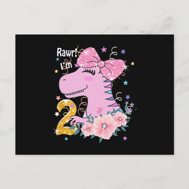 Carte Postale Faire-part 2e anniversaire fille dino dinosaur tenue Premium (Devant)