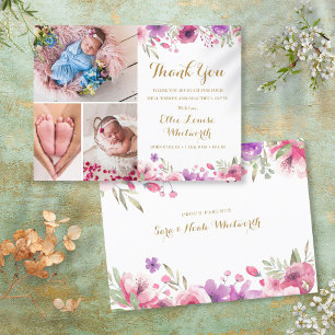 Carte Postale Faire-part 3 Photo Floral Script Merci pour la naissance de B