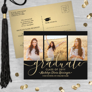 Carte Postale Faire-part 3 Script Collage Photo Noir et Or Graduation