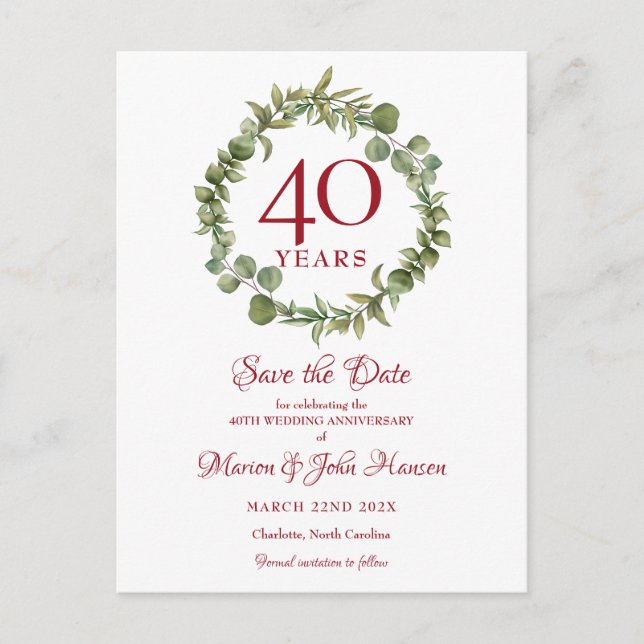 Carte Postale Faire-part 40e anniversaire du Mariage Ruby Enregistrer la da (Devant)
