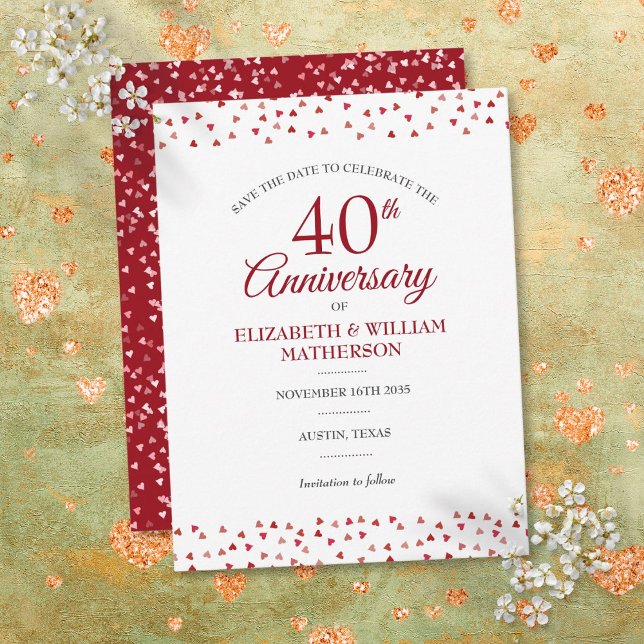 Carte Postale Faire-part 40e anniversaire Rubis Love Hearts Enregistrez la  (40th Anniversary Ruby Love Hearts Save the Date Announcement Postcard)