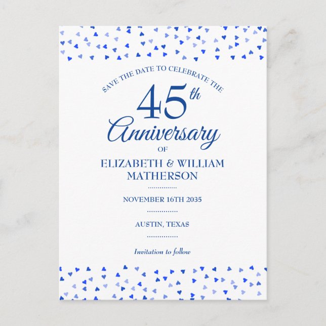 Carte Postale Faire-part 45e 65e anniversaire de Mariage Coeurs Enregistrer (Devant)