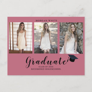 Carte Postale Faire-part 4 photo Collage Simple Moderne Pink Graduation