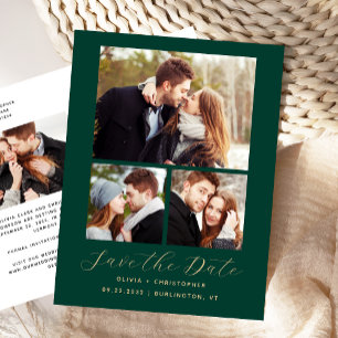 Carte Postale Faire-part 4-Photo Emerald Green Gold Enregistrer la date