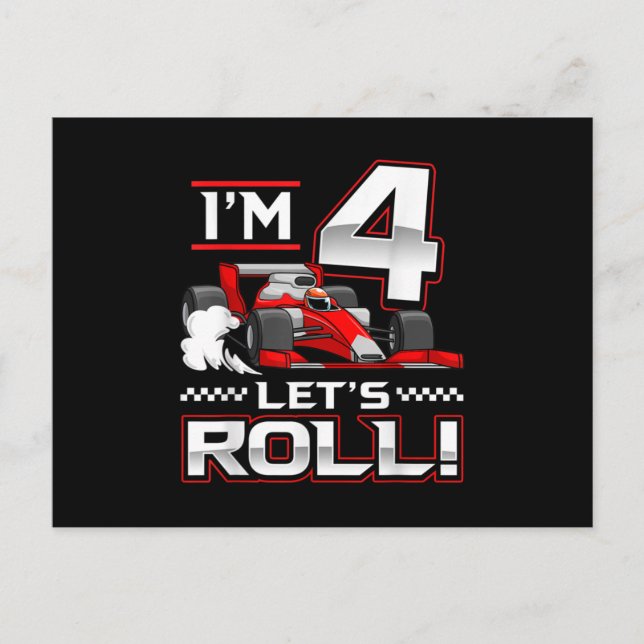Carte Postale Faire-part 4e Anniversaire Voiture de course 4 ans Roulettes (Devant)