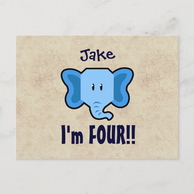 Carte Postale Faire-part 4ème Visage bleu mignon d'éléphant d'anniversaire (Devant)