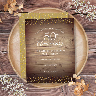 Carte Postale Faire-part 50e Anniversaire Coeurs d'or Rustique Enregistrer 
