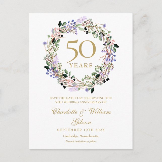 Carte Postale Faire-part 50e anniversaire du Mariage floral Enregistrer la  (Devant)