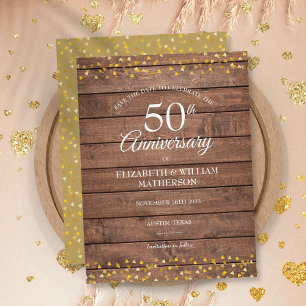 Carte Postale Faire-part 50e Anniversaire Golden Hearts Wood Save the Date