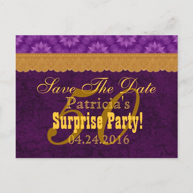 Carte Postale Faire-part 50e anniversaire SURPRISE Enregistrer la date Purp (Devant)