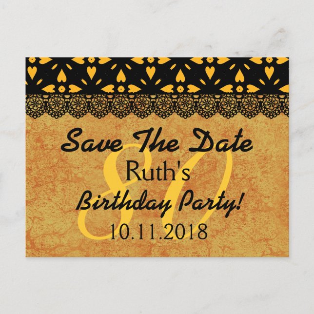 Carte Postale Faire-part 80e Enregistrer la date Anniversaire Gold Black La (Devant)