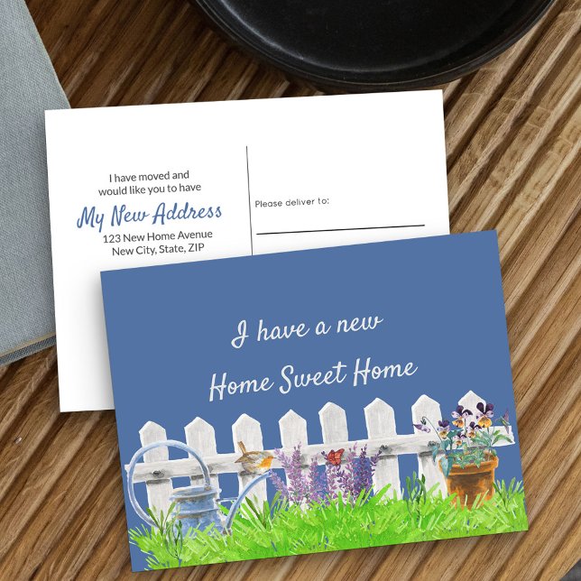 Carte Postale Faire-part Accueil Sweet Home Blanc Picket clôture J'ai démén (New Address postcard with idyllic cottage garden scene)