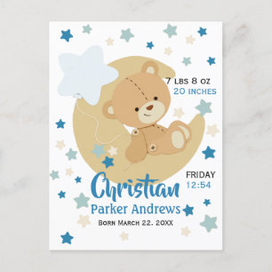 Carte Postale Faire-part Adorable Teddy Bear Baby Boy Stats de naissance