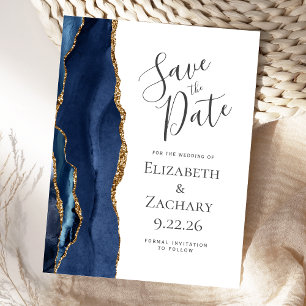 Carte Postale Faire-part Agate moderne Marine Blue Gold Enregistrer la date