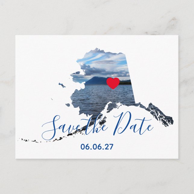 Carte Postale Faire-part Alaska Shape Photo Red Heart Enregistrer la date (Devant)