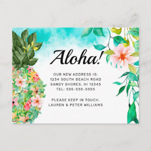 Carte Postale Faire-part Aloha Tropical Ananas rose Floral Hawaii Moving