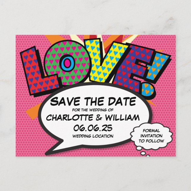 Carte Postale Faire-part AMOUR Sauvegarder la Date Fun Rétro Bande Dessinée (Devant)