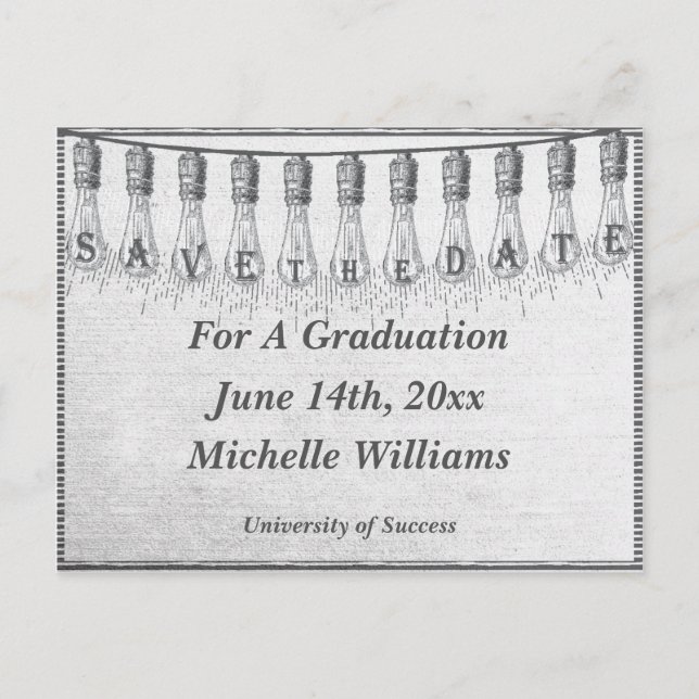 Carte Postale Faire-part Ampoule Edison Graduation Enregistrez La Date (Devant)
