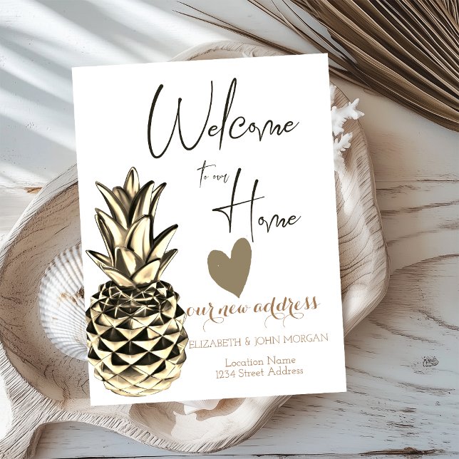Carte Postale Faire-part Ananas Métallique Or, Coeur Nouvelle adresse (Créateur téléchargé)