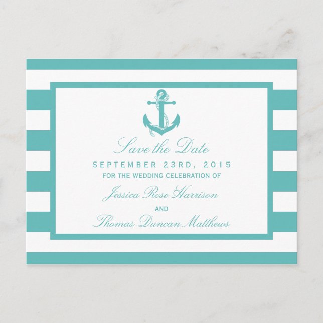 Carte Postale Faire-part Ancre De Bande Turquoise Nautique Enregistrer La D (Devant)