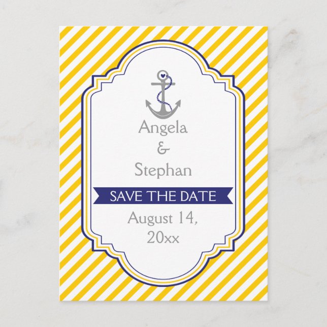 Carte Postale Faire-part Ancre jaune blanc mariage nautique Enregistrer la  (Devant)
