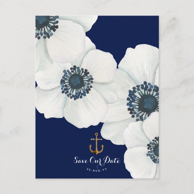 Carte Postale Faire-part Anémone blanche marine + Ancre Enregistrer la date (Devant)